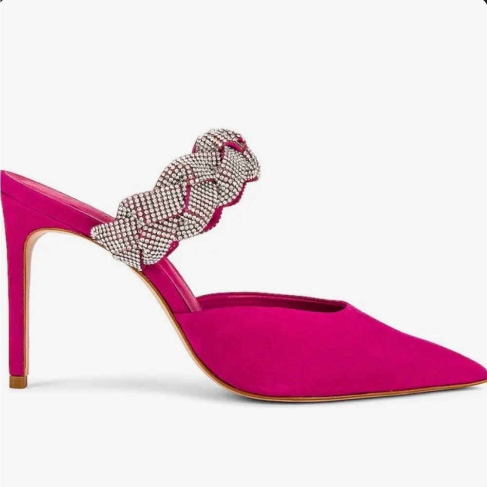 Schutz Anessa Rosa Hot Pink Nubuck Suede Woven Rhinestone Heels